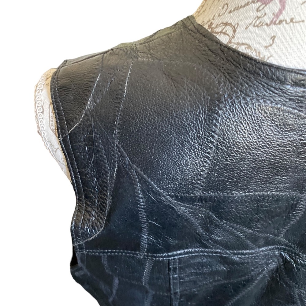Vintage 80s Mens Patchwork Black Leather Motorcycle Vest Unisex - Picture 6 of 9